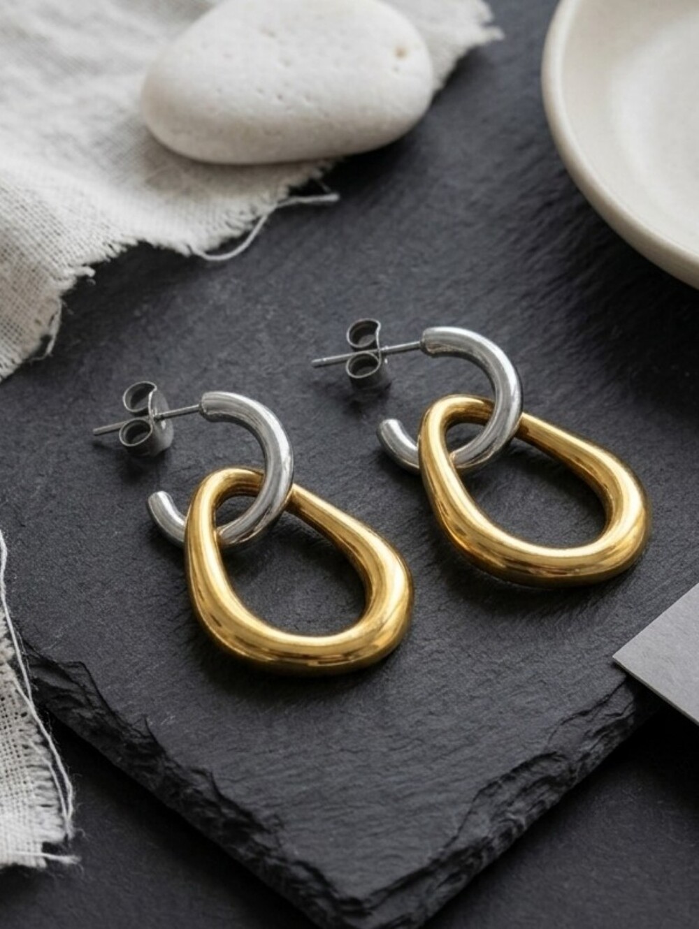 Two Tone Convertible Hoop Earrings 18K Gold Plated 316L SS 2in1 Old Money 1.1"